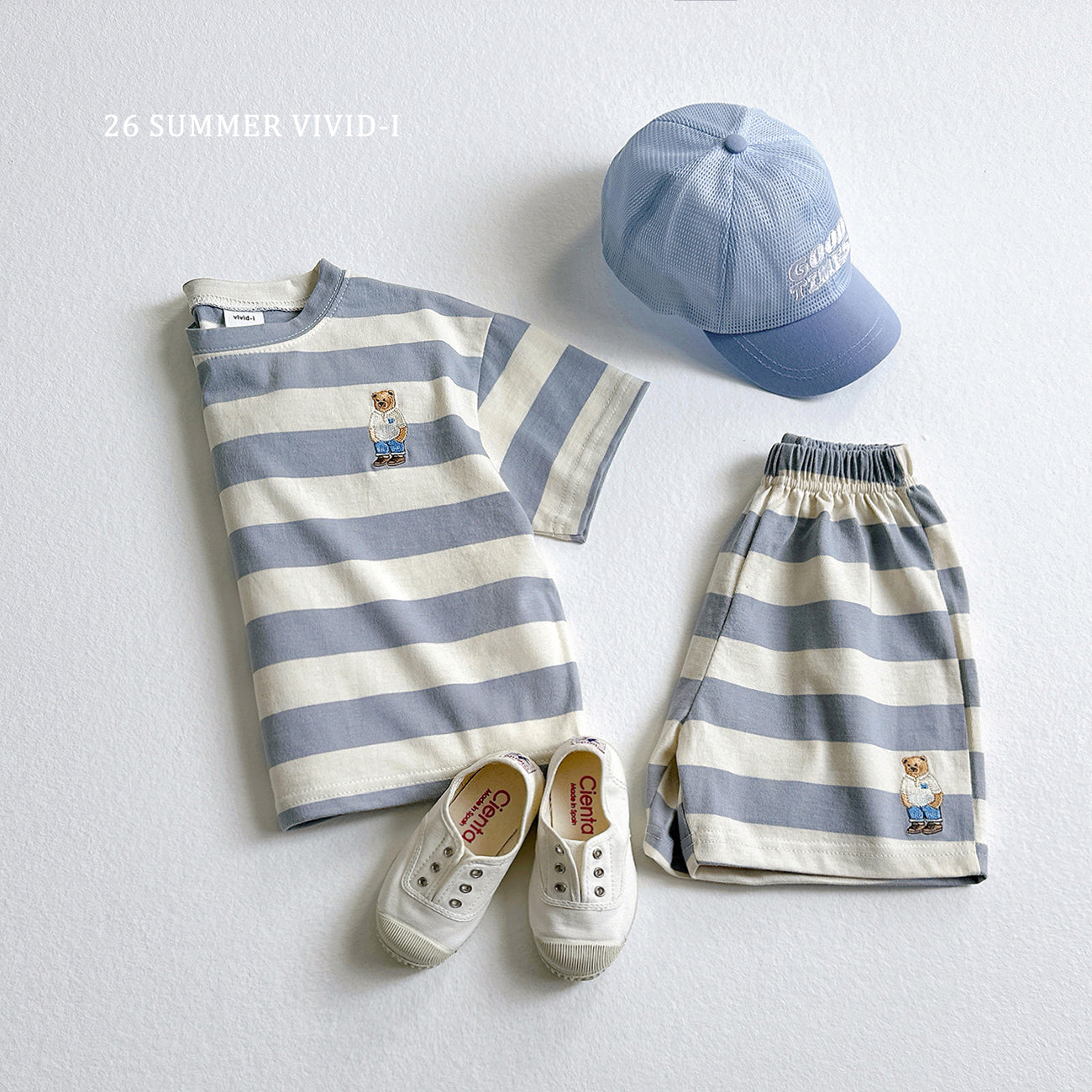 【PREORDER受付終了、ご希望はお問い合わせください。】94.Bear Embroidery Stripe ShortSleeve Set