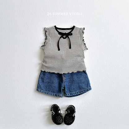 【PREORDER受付終了、ご希望はお問い合わせください。】76.Ribbon Hole Stripe Sleeveless Top