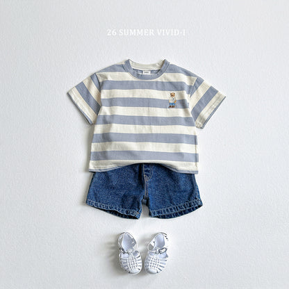 【PREORDER受付終了、ご希望はお問い合わせください。】94.Bear Embroidery Stripe ShortSleeve Set