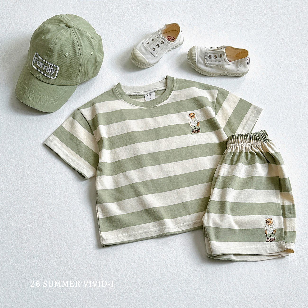 【PREORDER受付終了、ご希望はお問い合わせください。】94.Bear Embroidery Stripe ShortSleeve Set