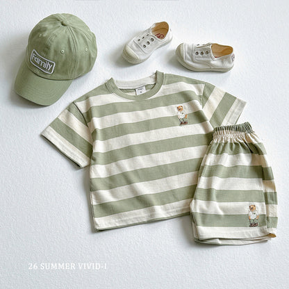 【PREORDER受付終了、ご希望はお問い合わせください。】94.Bear Embroidery Stripe ShortSleeve Set