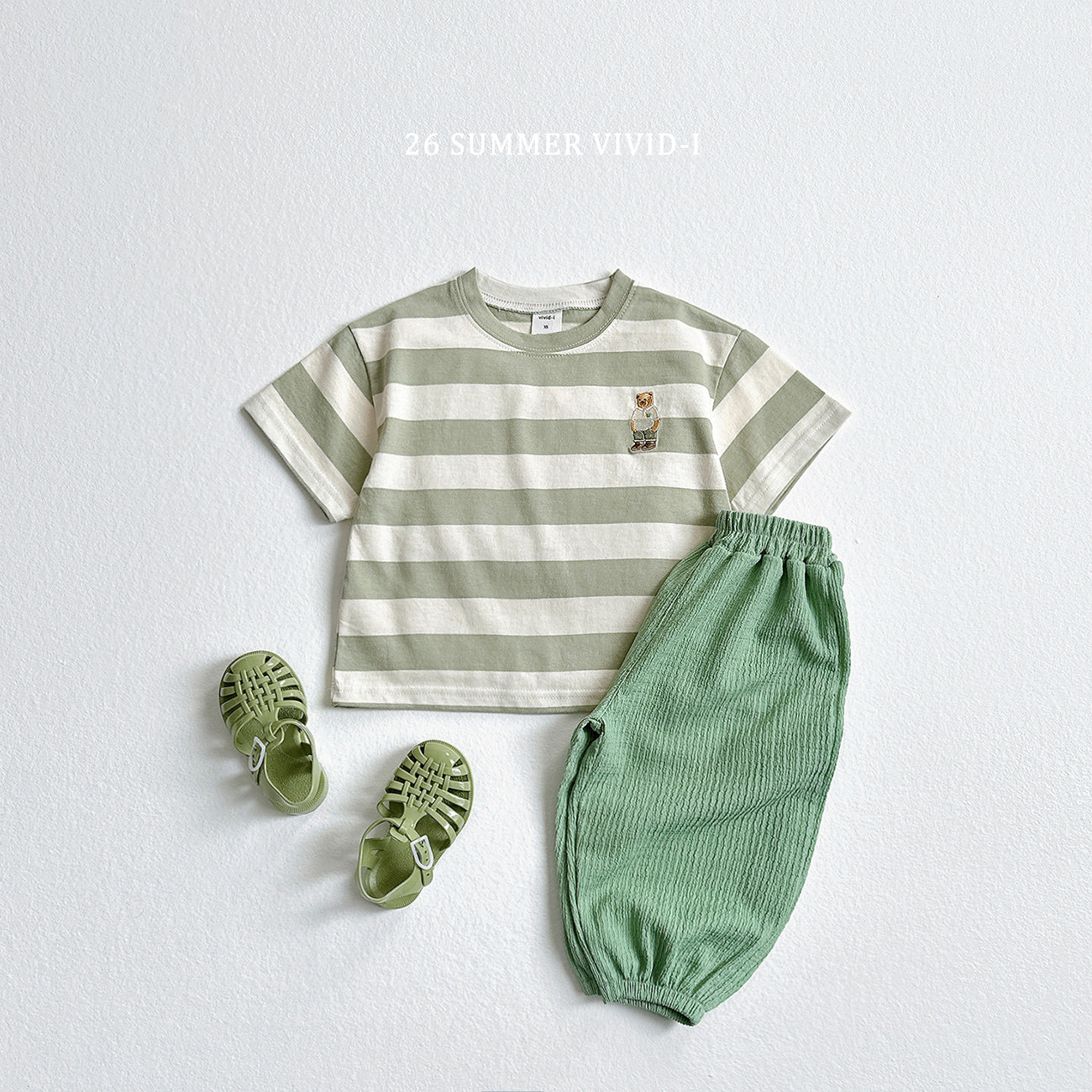 【PREORDER受付終了、ご希望はお問い合わせください。】94.Bear Embroidery Stripe ShortSleeve Set
