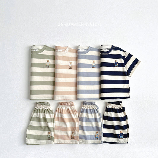 【PREORDER受付終了、ご希望はお問い合わせください。】94.Bear Embroidery Stripe ShortSleeve Set