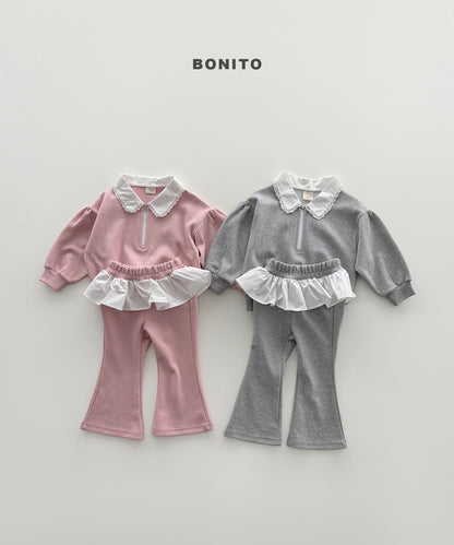 61.Shirring Collar Zip-Up Set