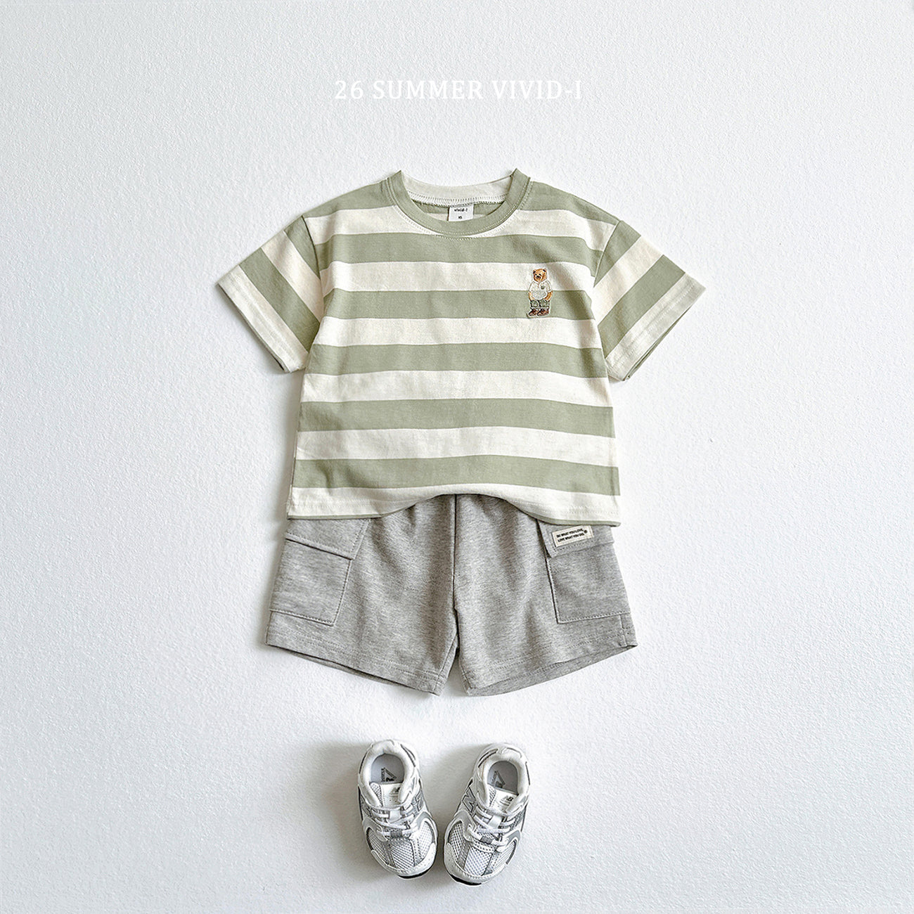 【PREORDER受付終了、ご希望はお問い合わせください。】94.Bear Embroidery Stripe ShortSleeve Set