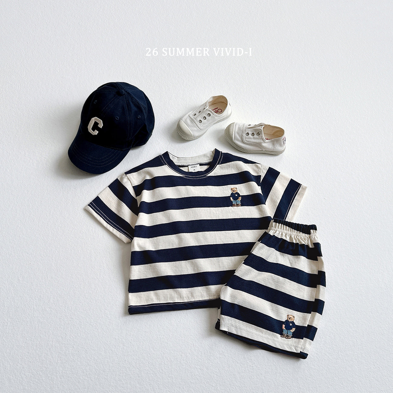 【PREORDER受付終了、ご希望はお問い合わせください。】94.Bear Embroidery Stripe ShortSleeve Set