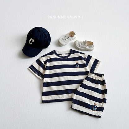 【PREORDER受付終了、ご希望はお問い合わせください。】94.Bear Embroidery Stripe ShortSleeve Set