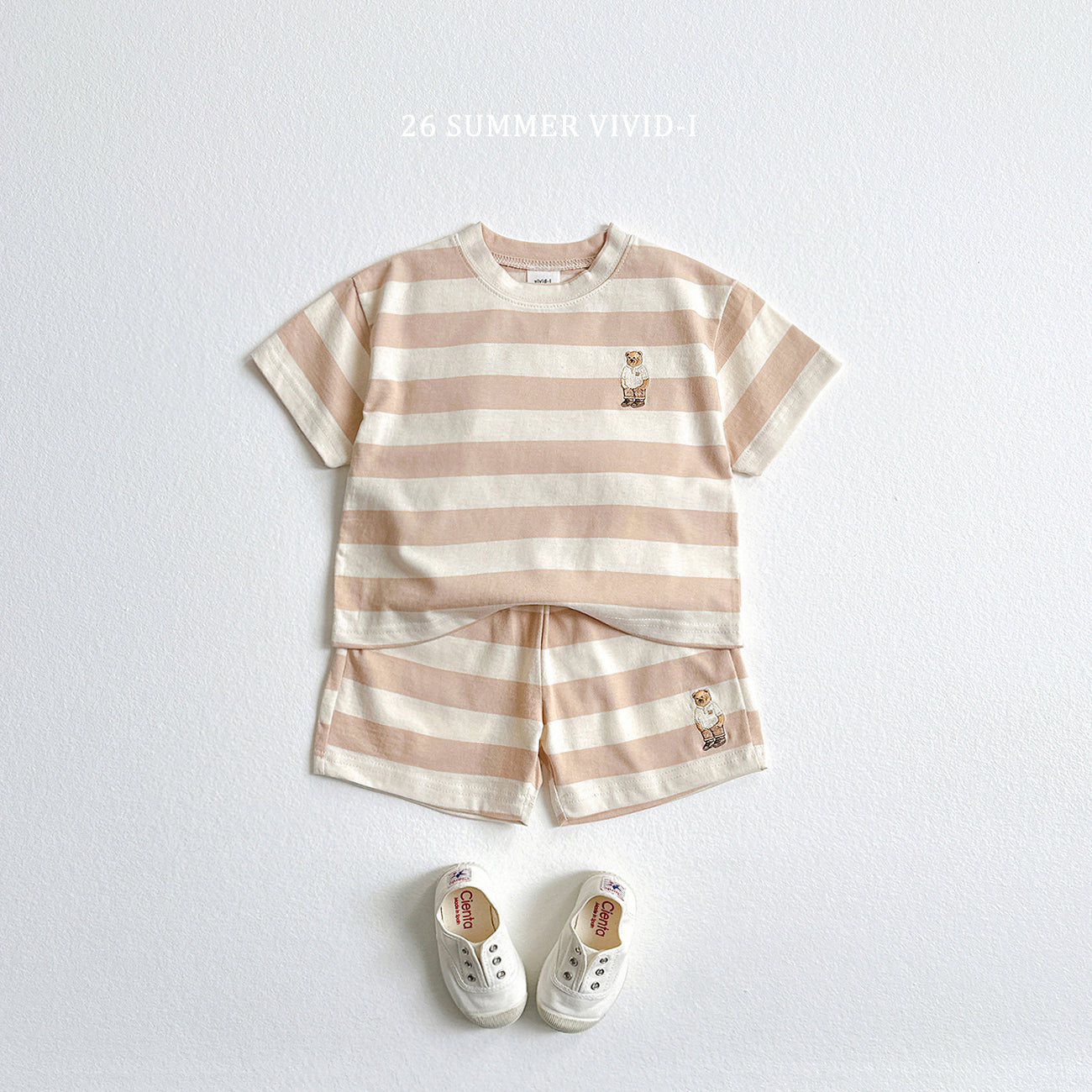 【PREORDER受付終了、ご希望はお問い合わせください。】94.Bear Embroidery Stripe ShortSleeve Set