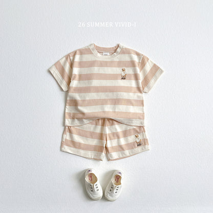 【PREORDER受付終了、ご希望はお問い合わせください。】94.Bear Embroidery Stripe ShortSleeve Set