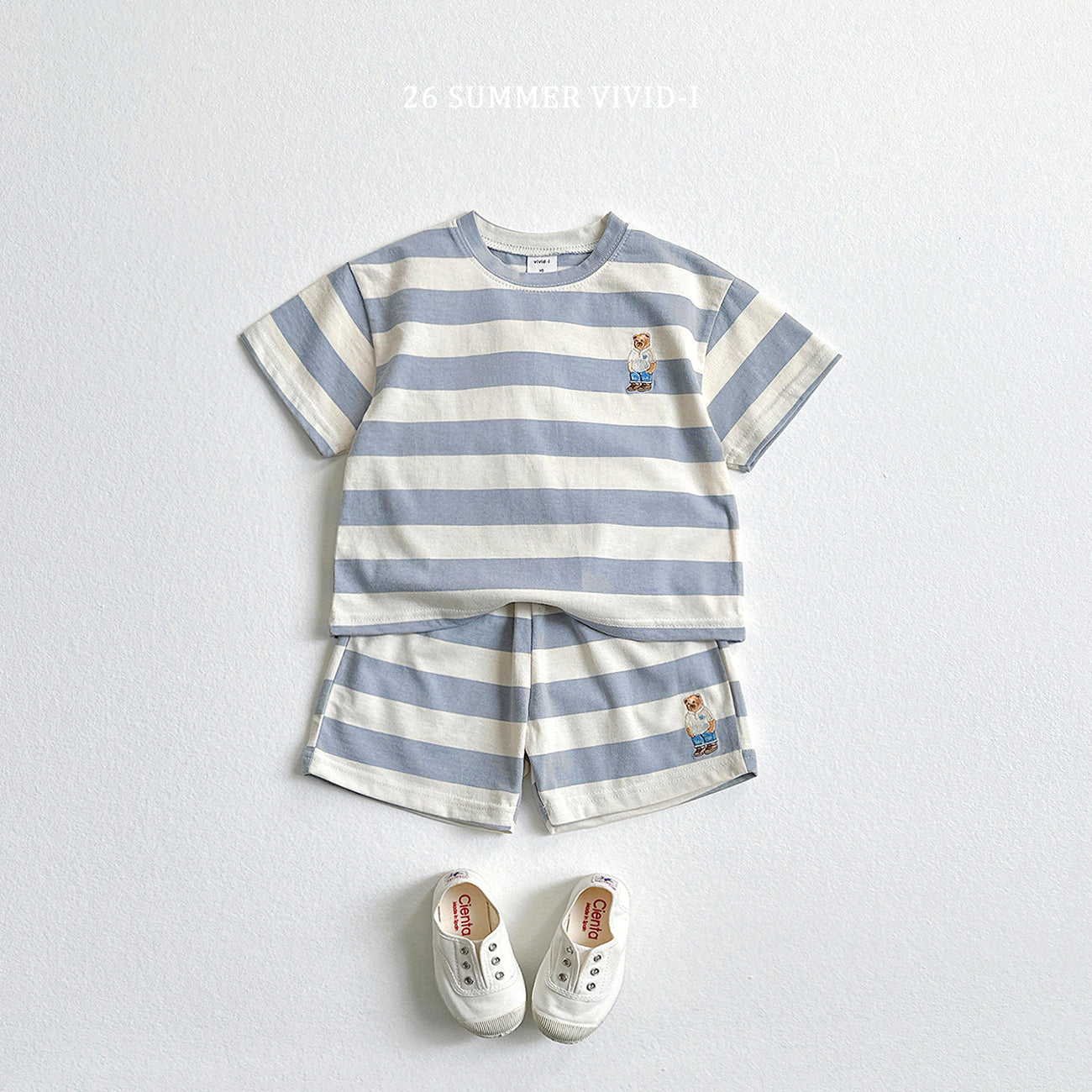 【PREORDER受付終了、ご希望はお問い合わせください。】94.Bear Embroidery Stripe ShortSleeve Set