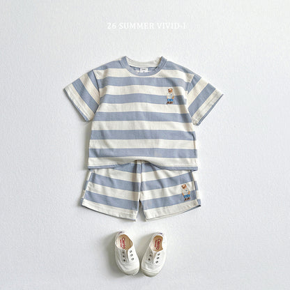 【PREORDER受付終了、ご希望はお問い合わせください。】94.Bear Embroidery Stripe ShortSleeve Set