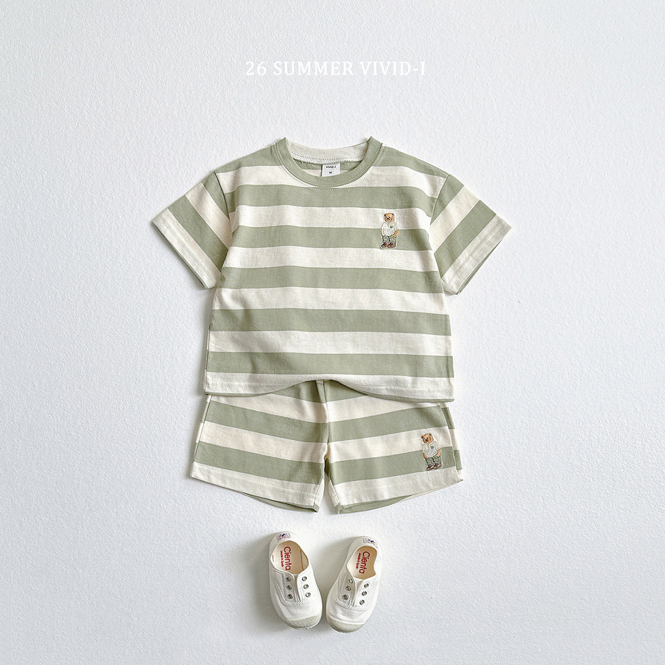 【PREORDER受付終了、ご希望はお問い合わせください。】94.Bear Embroidery Stripe ShortSleeve Set