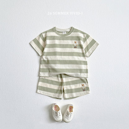 【PREORDER受付終了、ご希望はお問い合わせください。】94.Bear Embroidery Stripe ShortSleeve Set