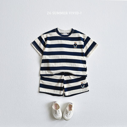 【PREORDER受付終了、ご希望はお問い合わせください。】94.Bear Embroidery Stripe ShortSleeve Set