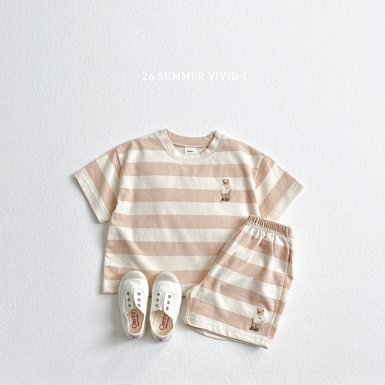 【PREORDER受付終了、ご希望はお問い合わせください。】94.Bear Embroidery Stripe ShortSleeve Set