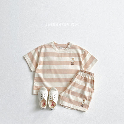 【PREORDER受付終了、ご希望はお問い合わせください。】94.Bear Embroidery Stripe ShortSleeve Set