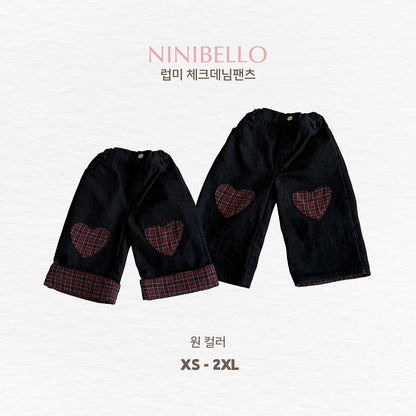 ［ninibello］love me check denim pants
