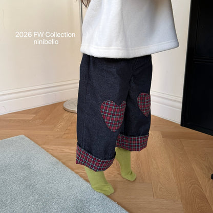 ［ninibello］love me check denim pants